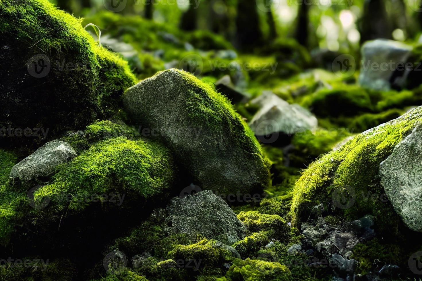 una ilustración generada por computadora de un exuberante musgo verde en el suelo de un bosque con rocas y árboles. ai generó arte. foto