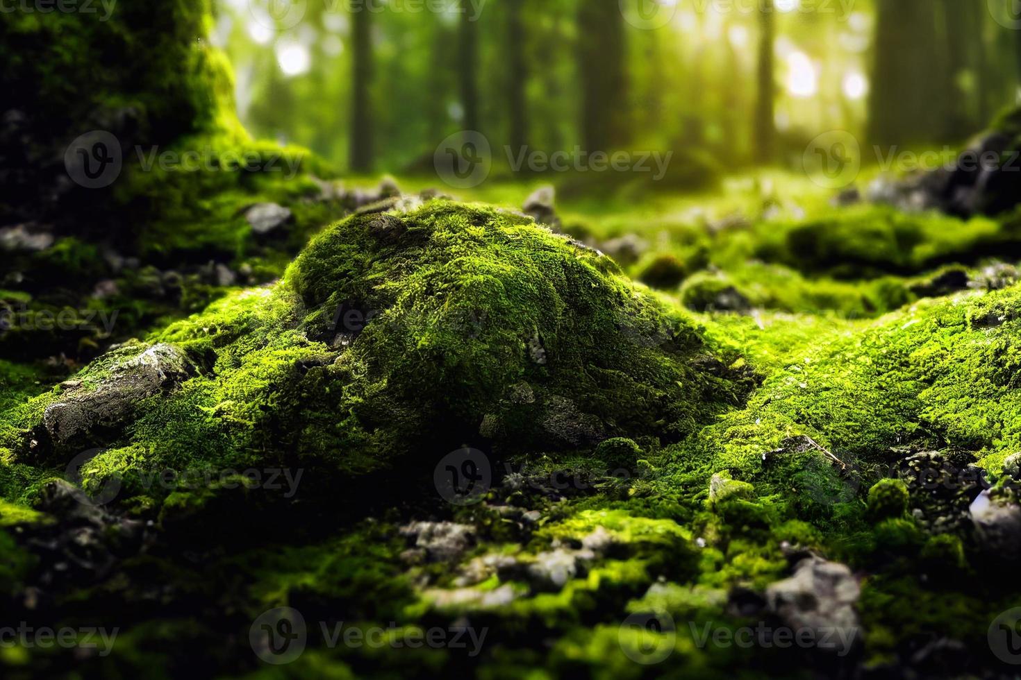 A computer generated illustration of lush green moss on a forest floor with rocks and trees. A.I. generated art. photo