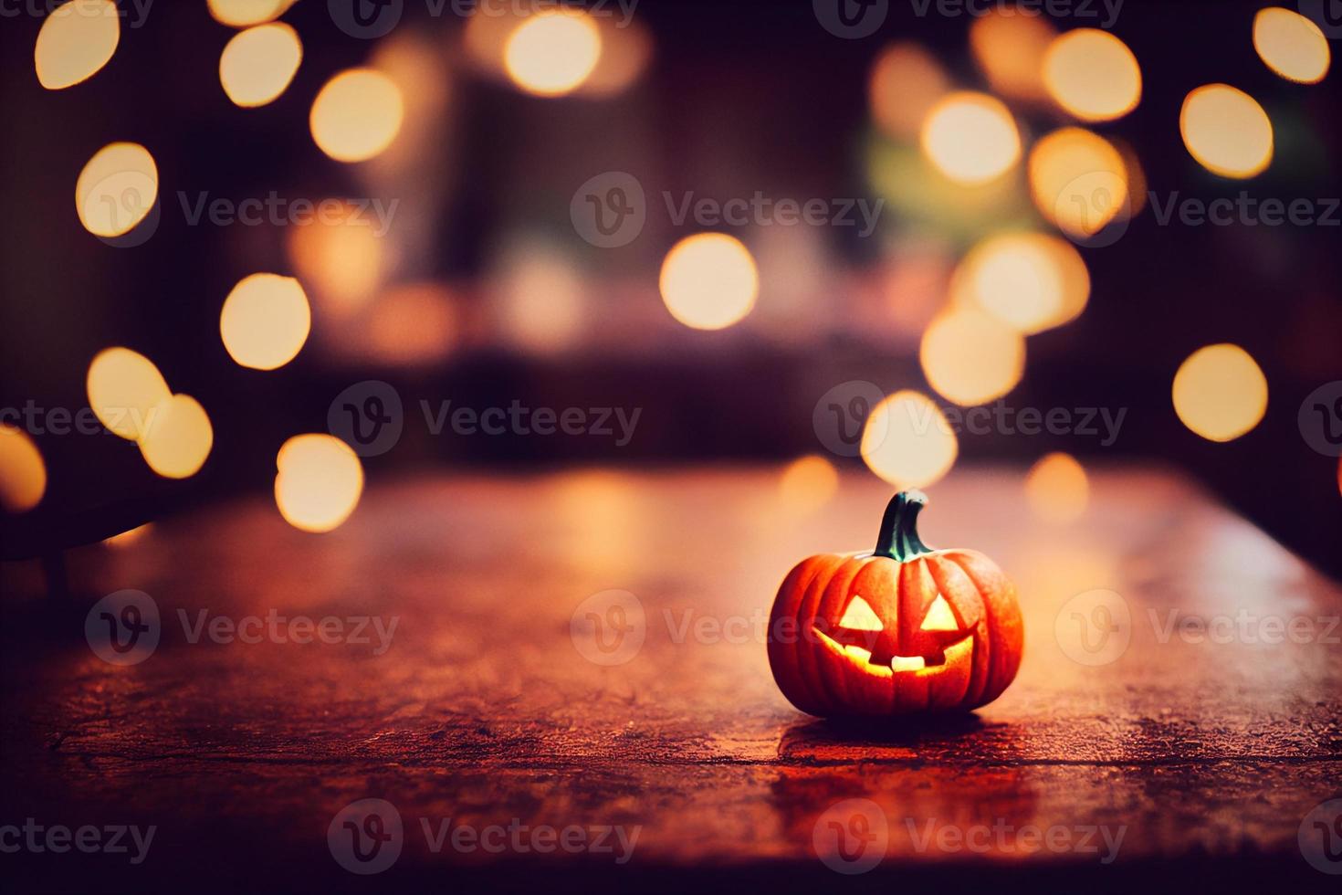 A tiny carved halloween pumpkin lantern placed on a wooden table top against a bokeh lights effect blurred background. A.I. generated art. photo