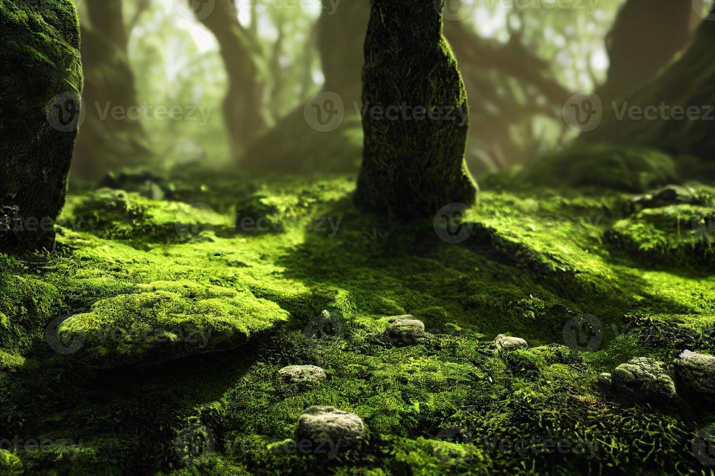 A computer generated illustration of lush green moss on a forest floor with rocks and trees. A.I. generated art. photo