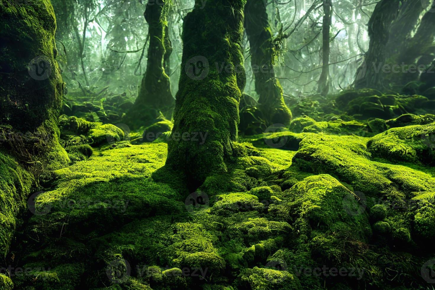 A computer generated illustration of lush green moss on a forest floor with rocks and trees. A.I. generated art. photo
