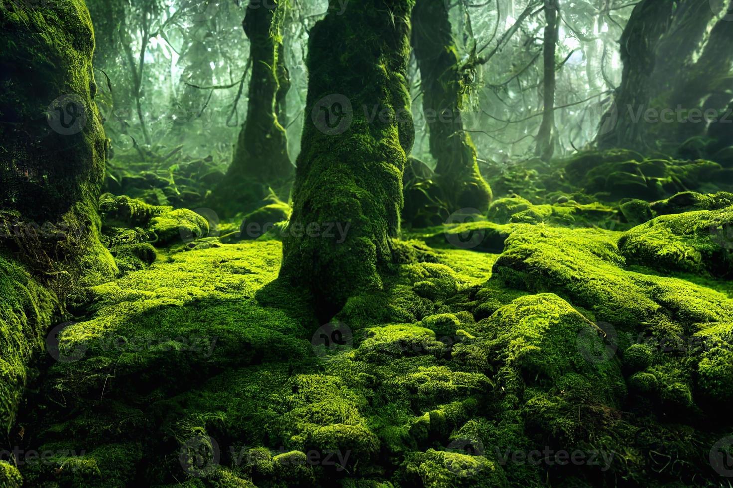 una ilustración generada por computadora de un exuberante musgo verde en el suelo de un bosque con rocas y árboles. ai generó arte. foto