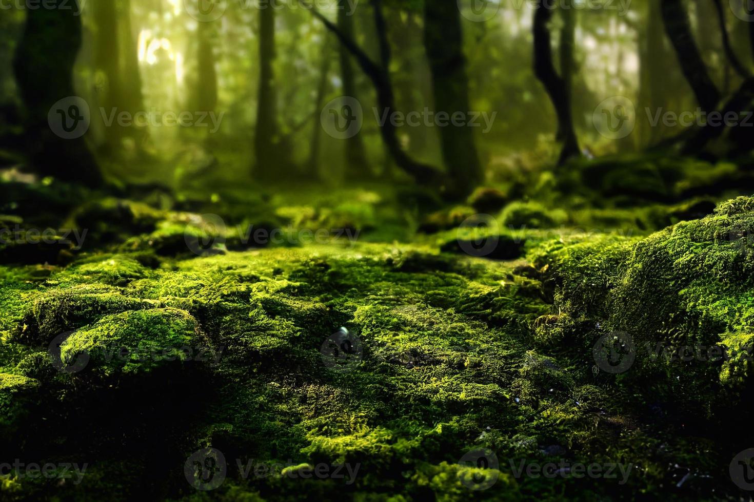 A computer generated illustration of lush green moss on a forest floor with rocks and trees. A.I. generated art. photo