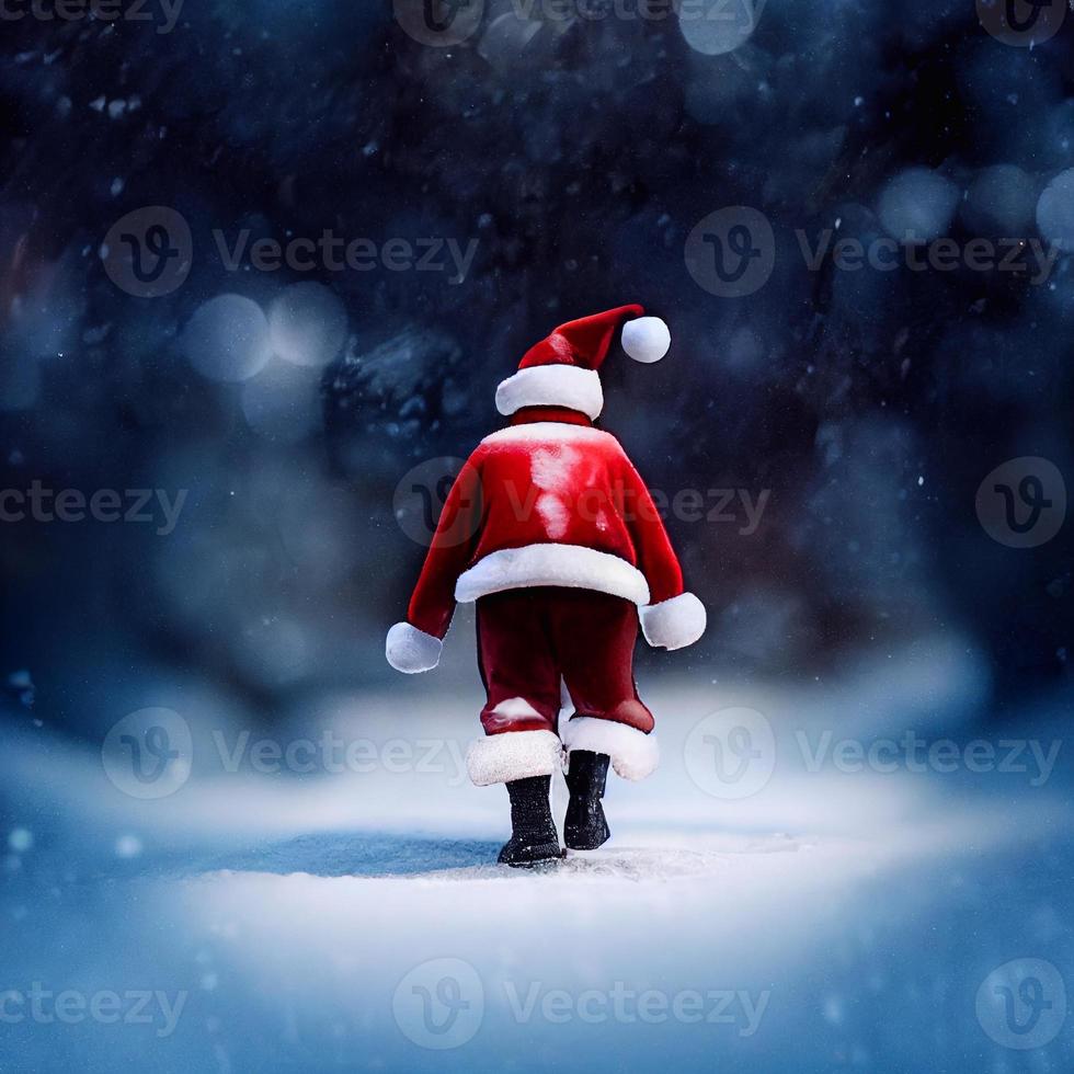 Computer generated illustration of the back of a lone figure dressed as Santa Claus walking away from the camera in a cold wintery snow scene background. A.I. generated art. photo