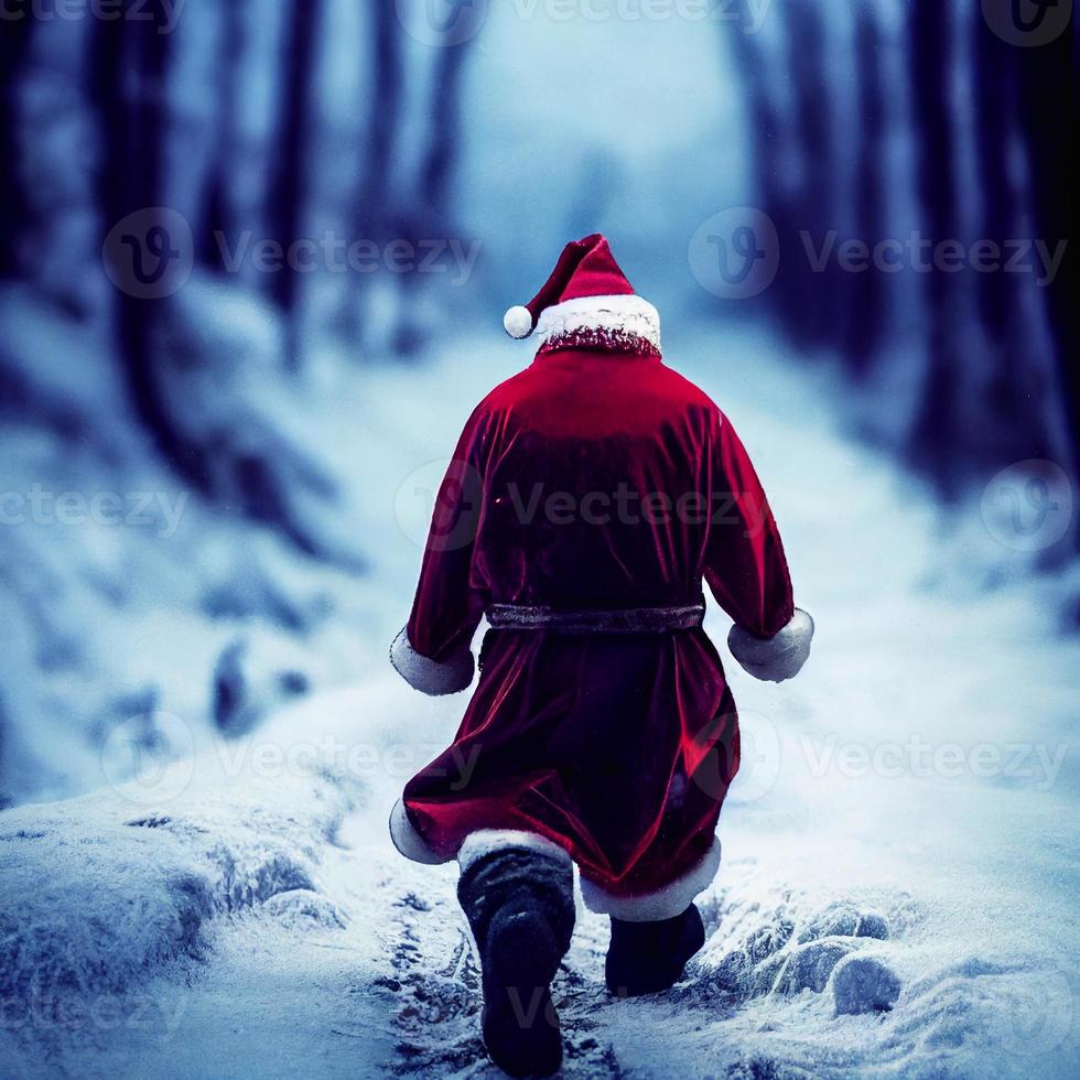 The back of a lone figure dressed as Santa Claus walking away from the camera in a cold wintery snow scene background. A.I. generated art. photo