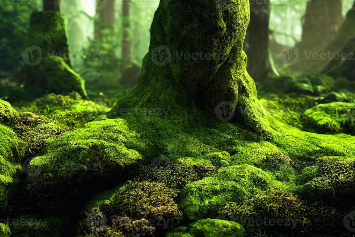 A computer generated illustration of lush green moss on a forest floor with rocks and trees. A.I. generated art. photo