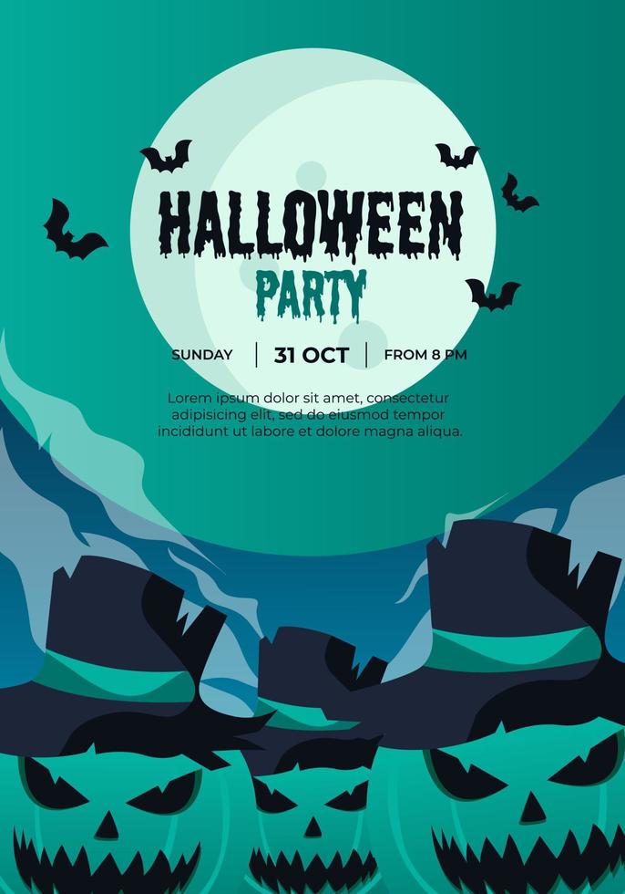 halloween party with three pumpkins hat vector
