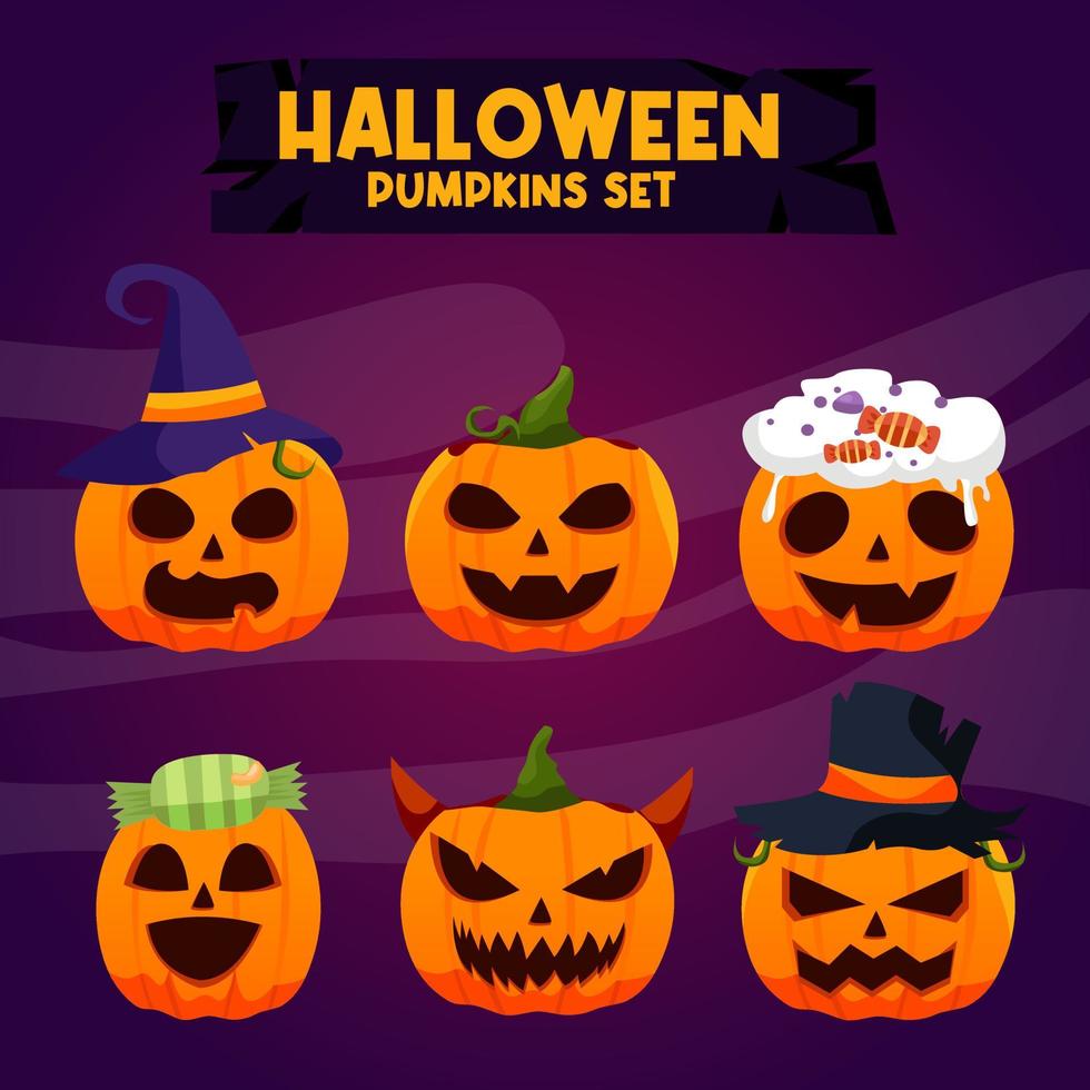 halloween pumkins set with faces vector