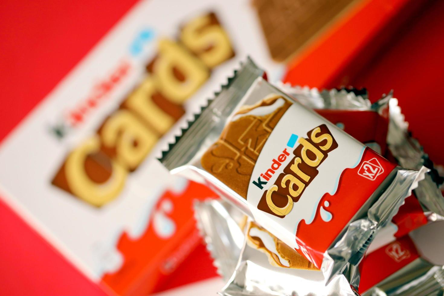 TERNOPIL, UKRAINE - JUNY 3, 2022 Kinder Chocolate Cards product pack. Kinder is a confectionery product brand line of multinational confectionery Ferrero. photo