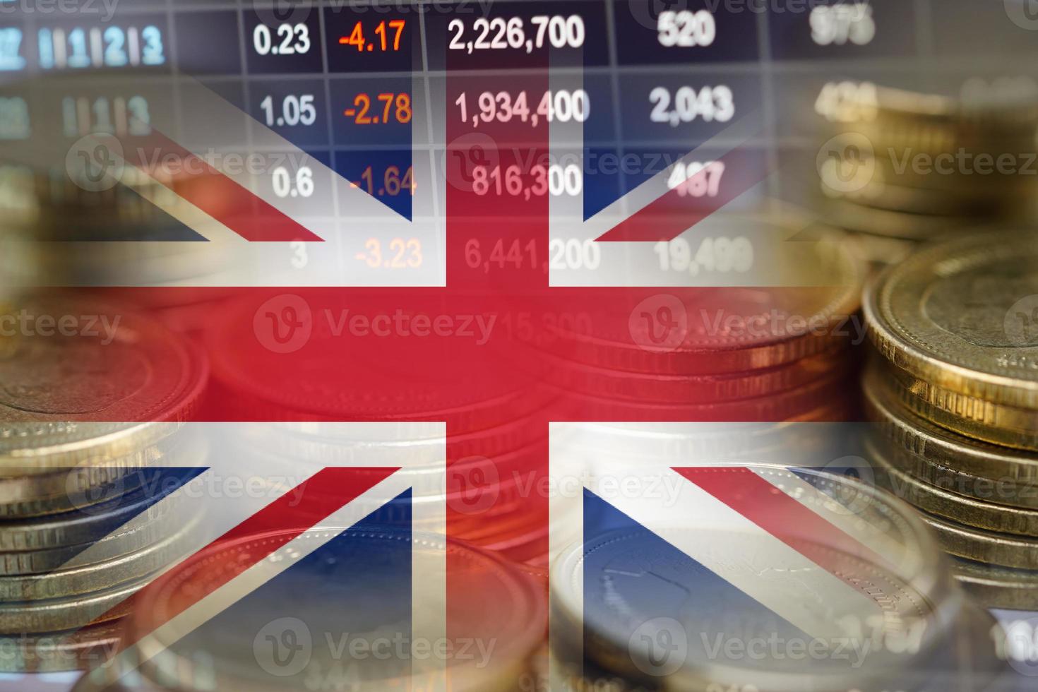 Stock market investment trading financial, coin and United Kingdom flag or Forex for analyze profit finance business trend data background. photo