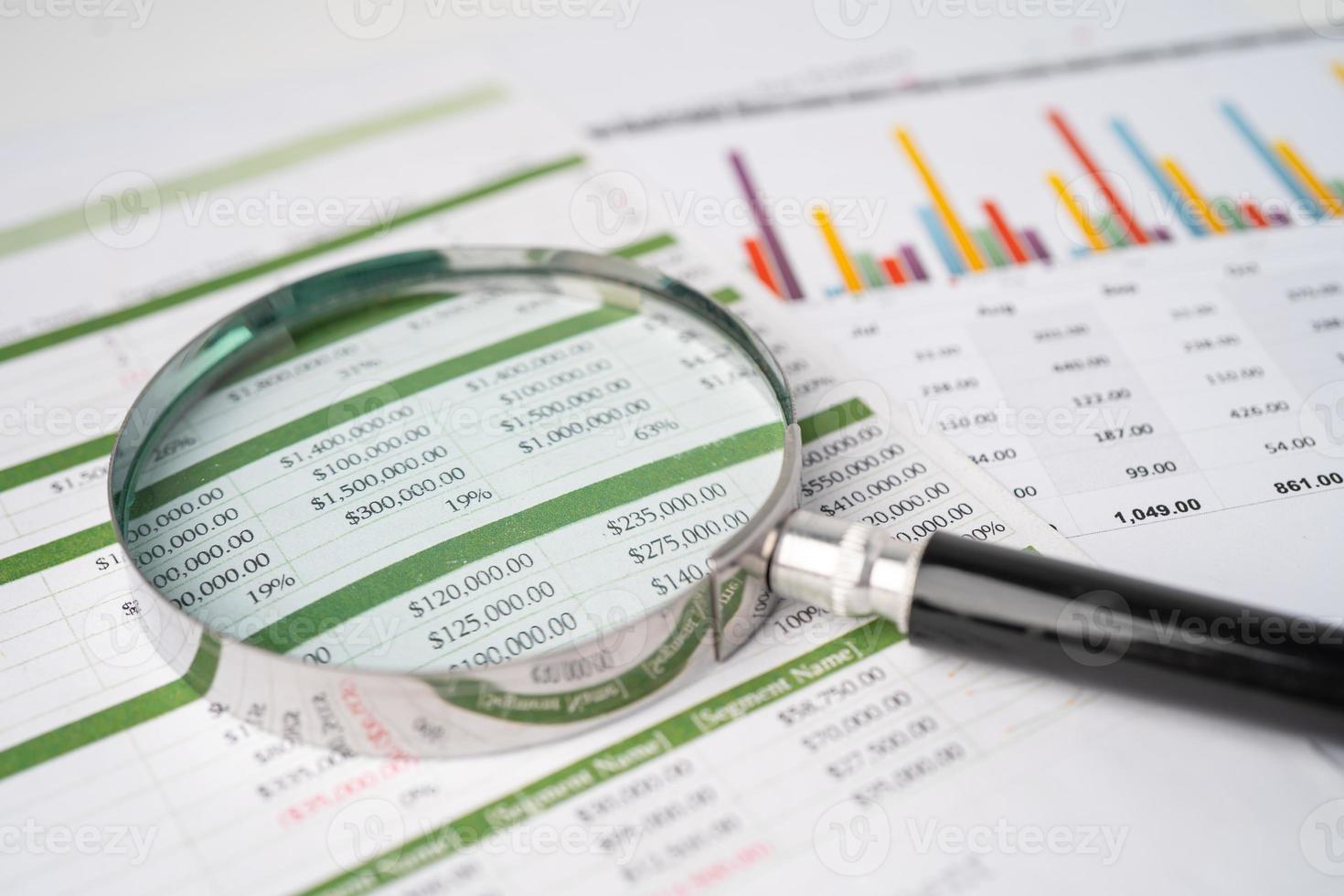 Magnifying glass on charts graphs paper. Financial development, Banking Account, Statistics, Investment Analytic research data economy, Stock exchange trading, Business office company meeting concept. photo