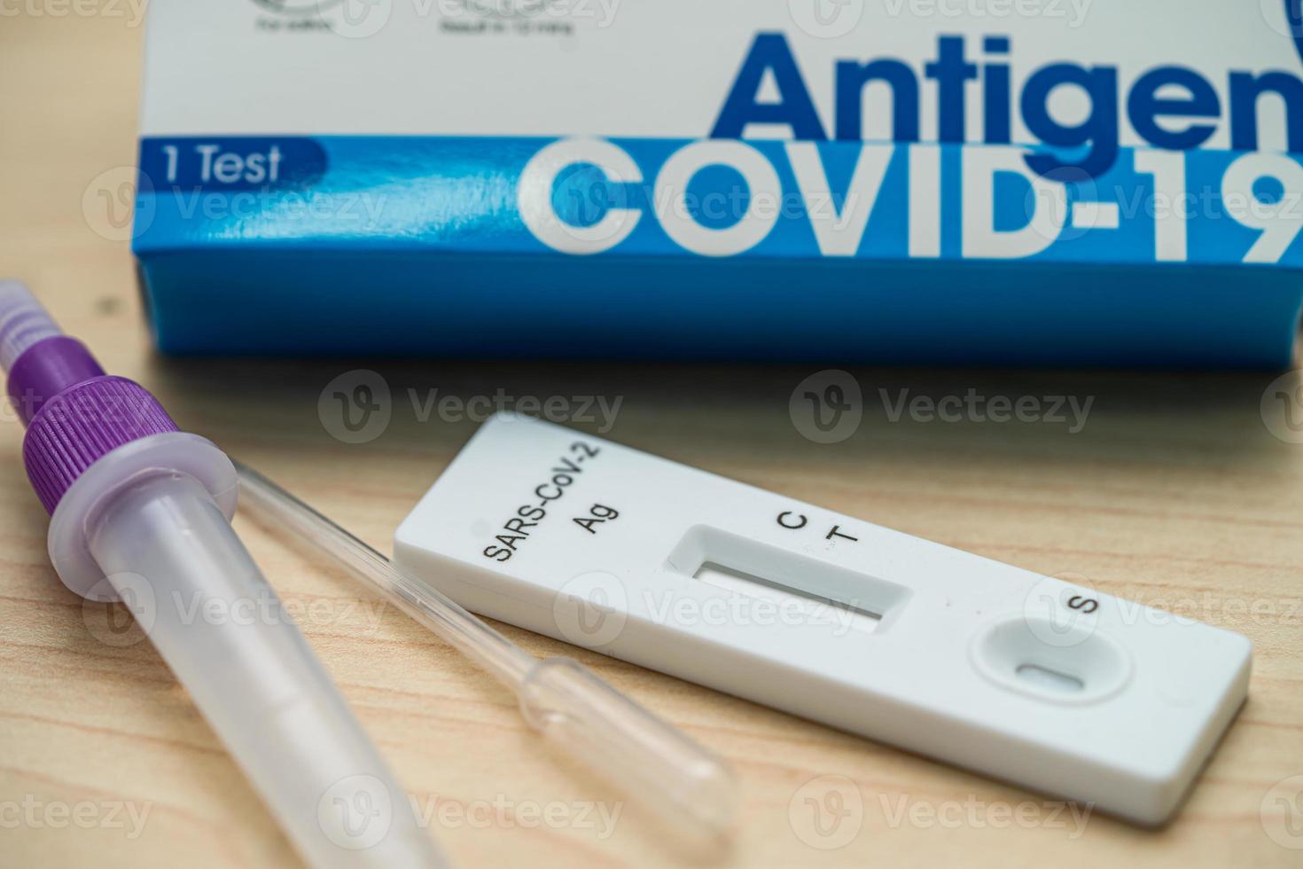 Set of Saliva Antigen Test Kit for check Covid19 coronavirus use in home. photo