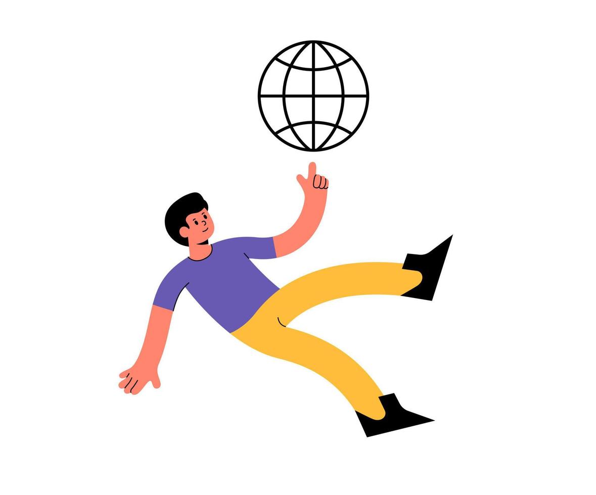 Man hovers in the air and touch icon internet vector illustration. Concept abstract entering in online virtual metaverse in cyberspace