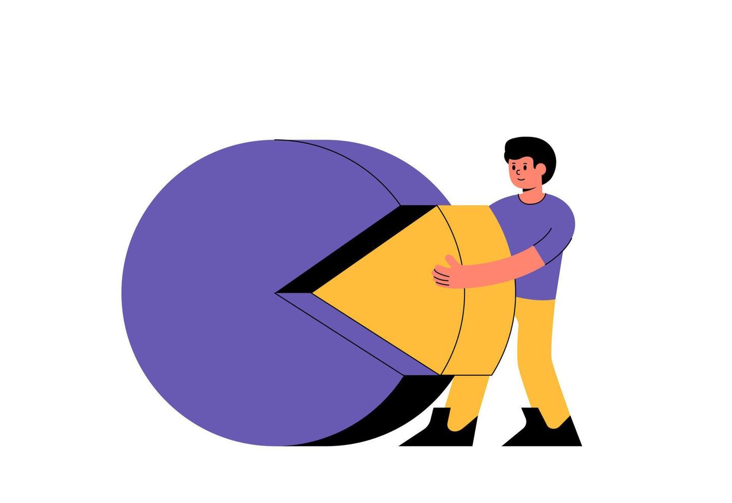 Man takes a piece from circular chart vector illustration. Concept abstract getting a share of investment income
