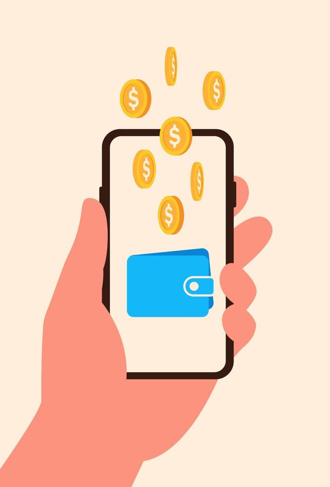 Concept online earning from phone. Gold coins fall in online wallet on screen smartphone vector