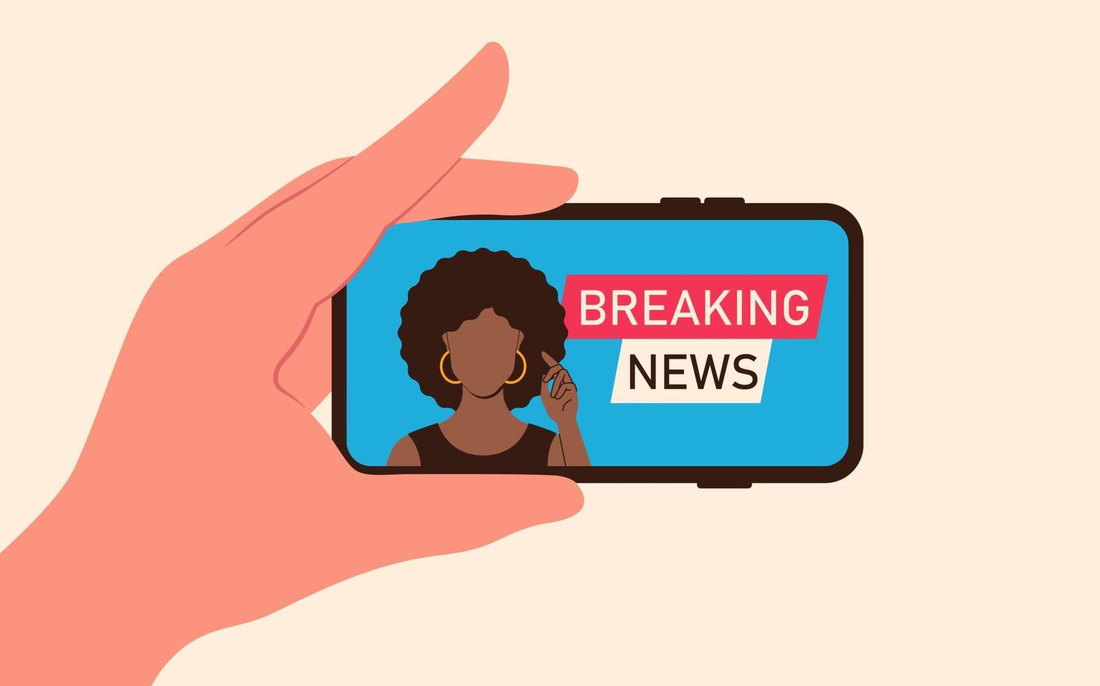 Broadcast video online breaking news on screen smartphone with broadcaster african american girl in flat style vector