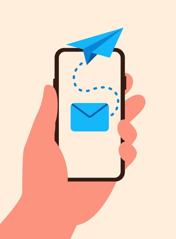 Smartphone in hand with outbox email and flying paper airplane flat style vector