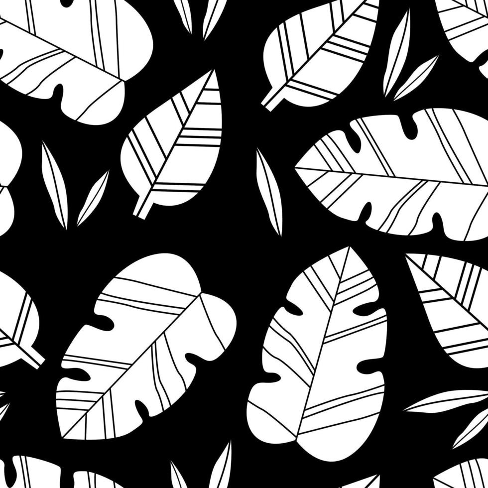 Black and white botanical seamless pattern. Stylized leaves pattern. Vetor black background vector