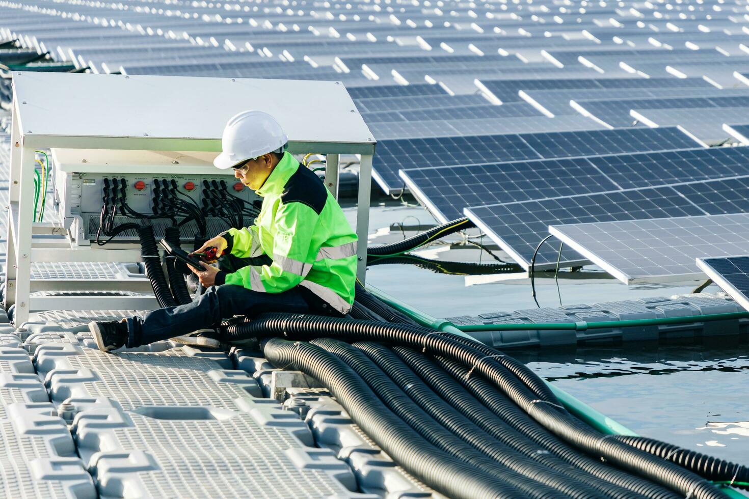 technical expert in solar energy photovoltaic panels, remote control performs routine actions for system monitoring using clean, photo