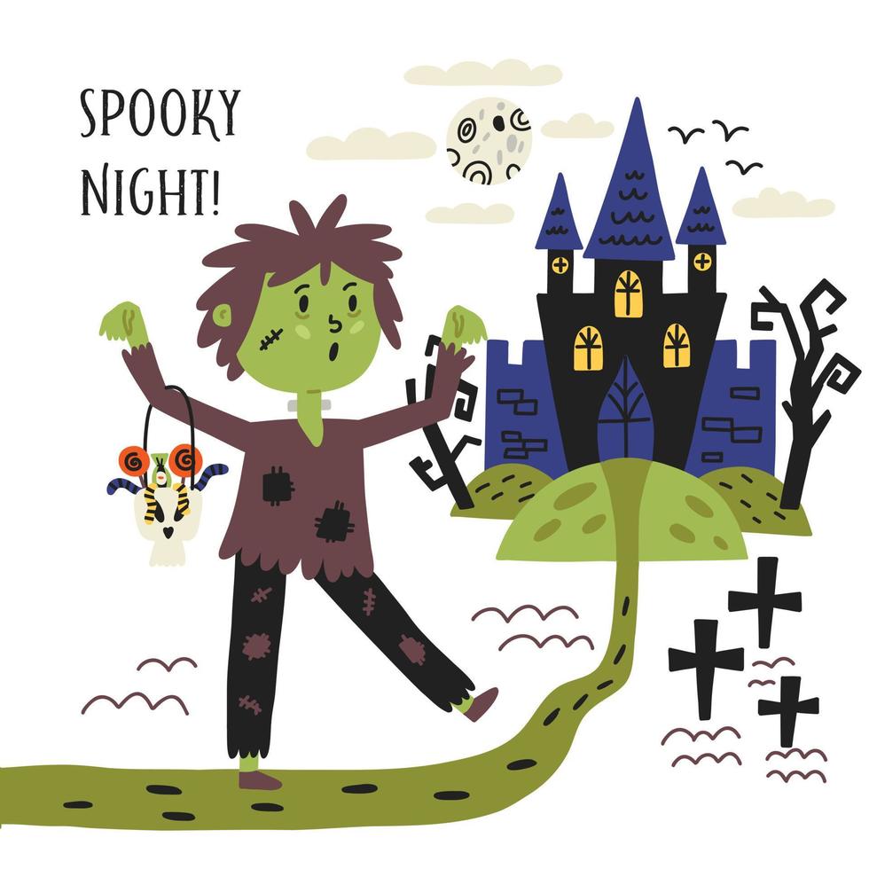 Zombie child with candy castle vector