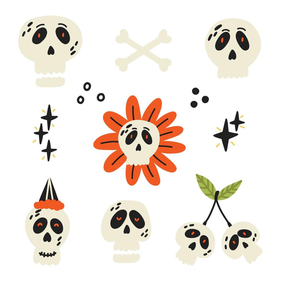 lindo conjunto de cráneo de hueso de halloween vector