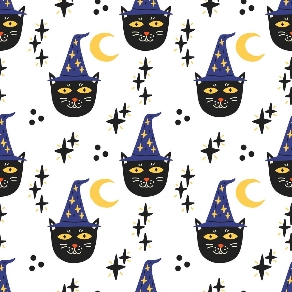 Black cat face in magic hat pattern vector