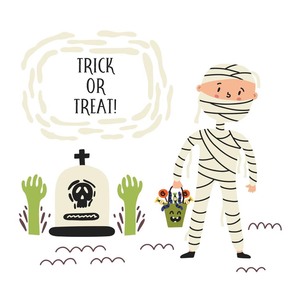 Mummy child with candy in the cemetery vector