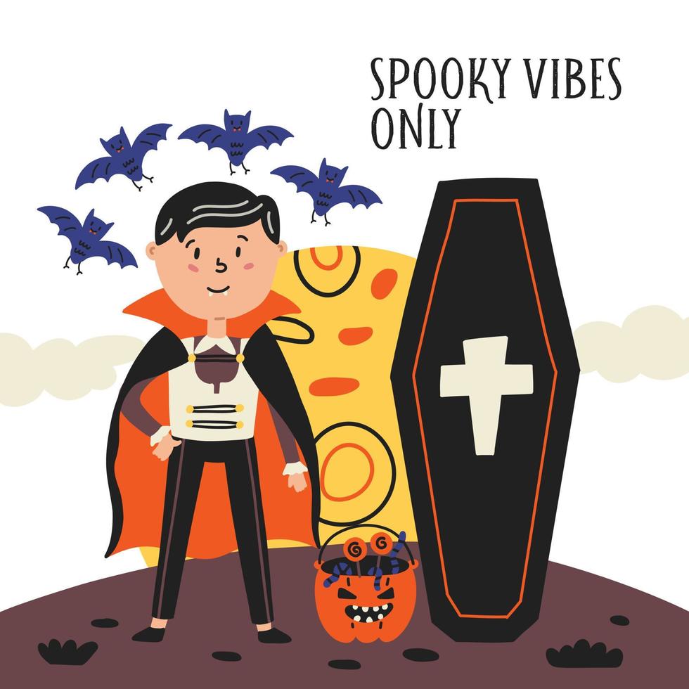 Vampire child with coffin and Halloween moon vector