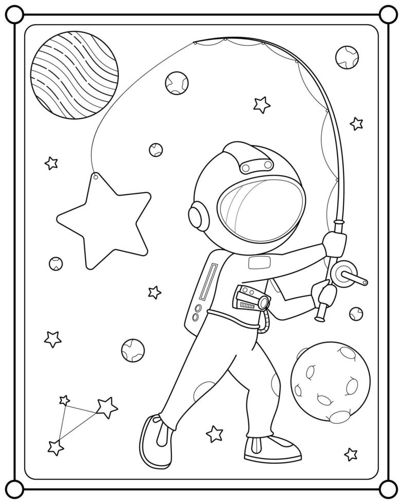 lindo astronauta pescando estrellas en el espacio adecuado para la ilustración vectorial de la página para colorear de los niños vector