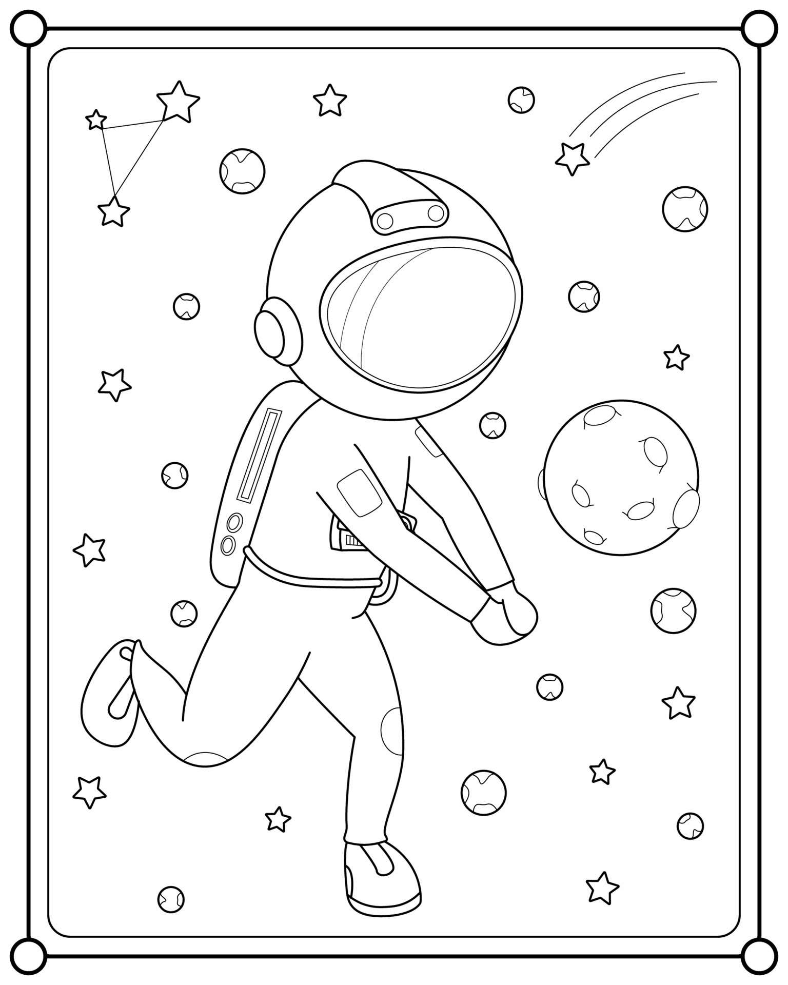 Cute astronaut playing moon ball in space suitable for children's coloring page vector