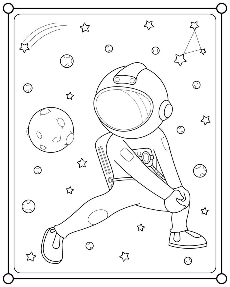 Cute astronaut playing moon ball in space suitable for children's coloring page vector illustration