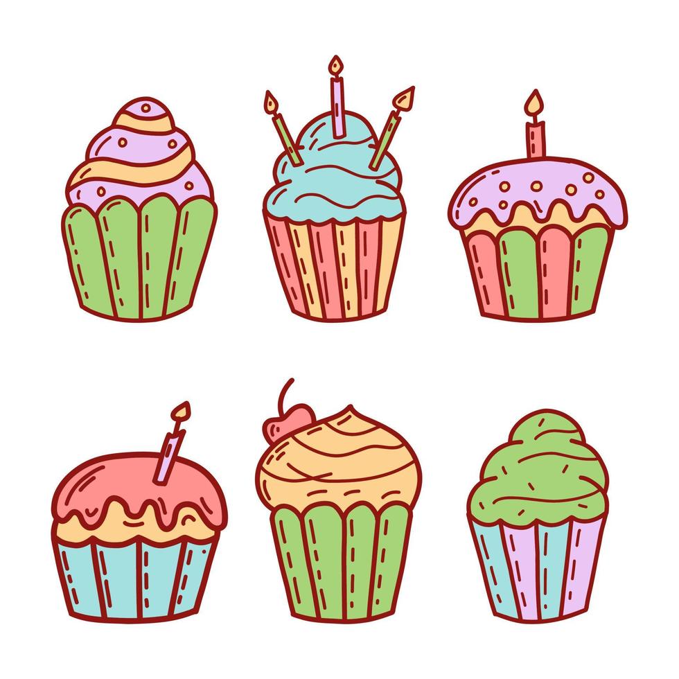 Set of cute cupcakes and muffins. Flat vector illustration