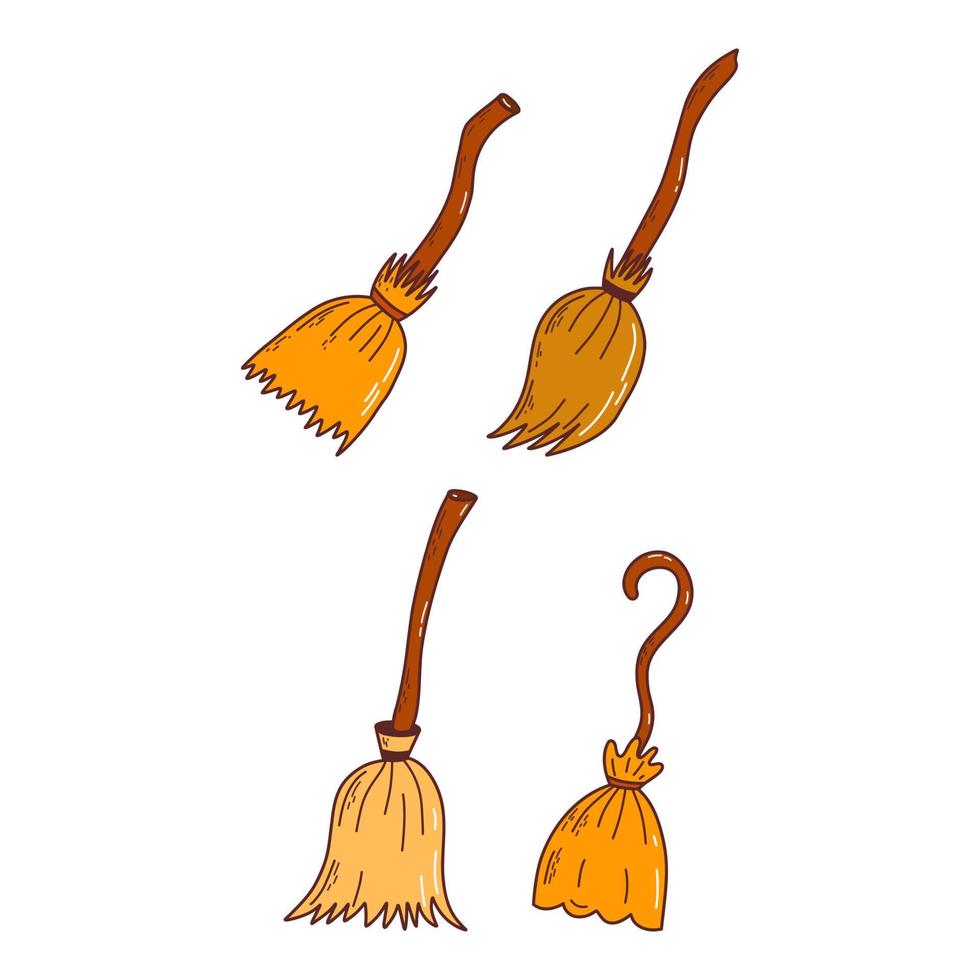 Set of different witch brooms. Halloween elements. Trick or treat concept. Vector illustration in hand drawn style