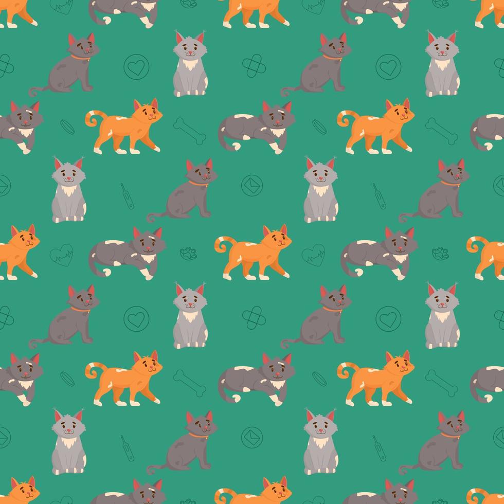 Cute cats seamless pattern. Flat vector illustration