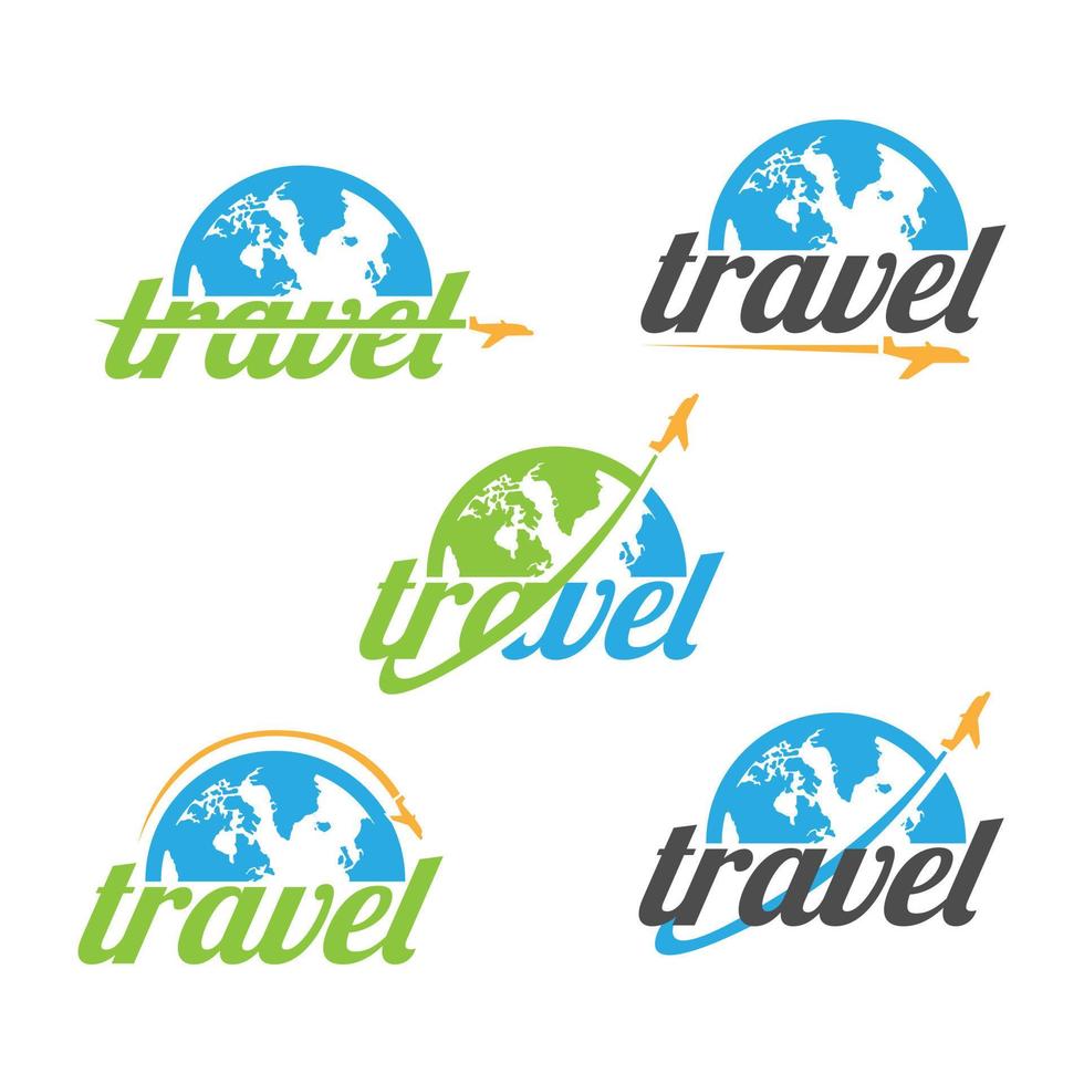 Various travel agency logo design idea and concept with airplane and half of globe vector