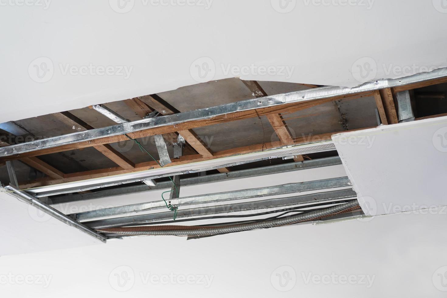 Ceiling panels broken and damage from car crash ,Home maintenance and repair home concept
