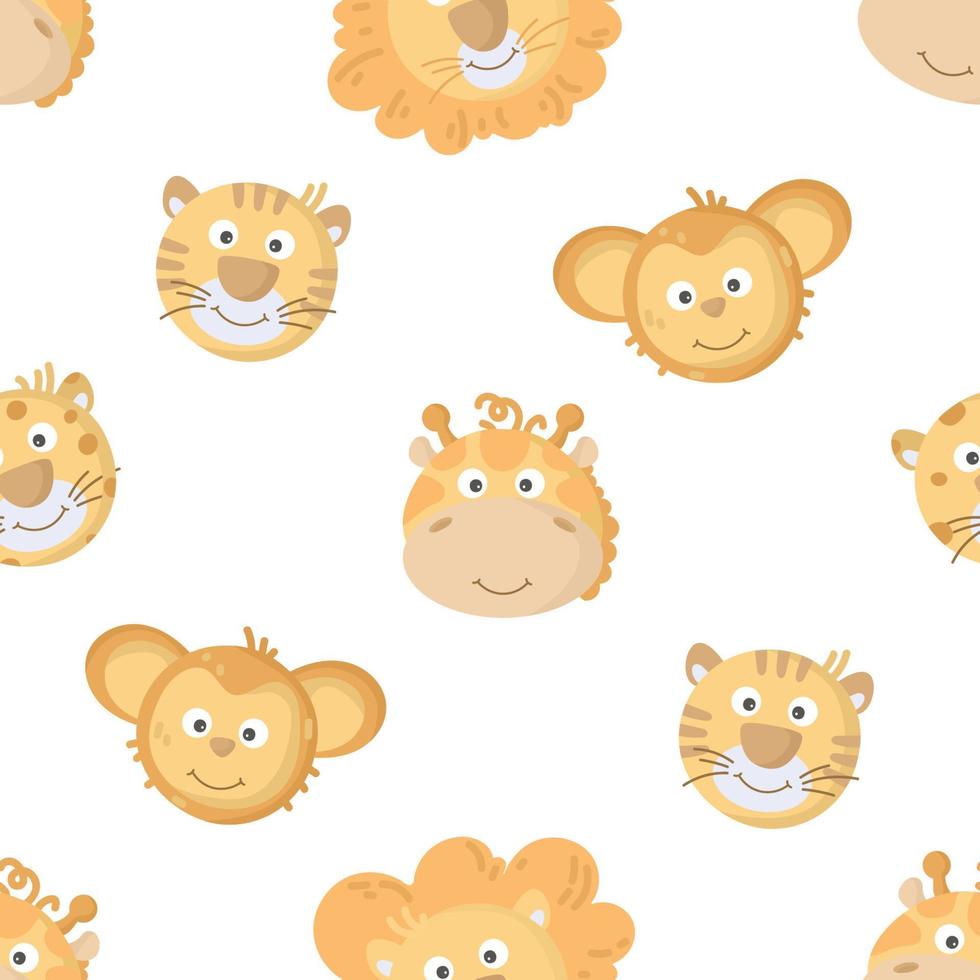 Seamless pattern with jungle cute animal characters. Funny elephant, giraffe, lion, tiger,monkey. Children pattern. Faces of wild animals. Vector illustration on white background.