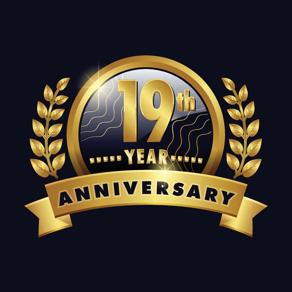 19th anniversary golden logo nineteenth Years Badge with number nineteen ribbon, laurel wreath vector design