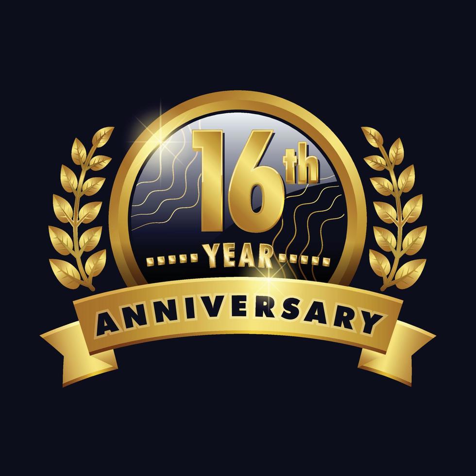 16th anniversary golden logo sixteenth Years Badge with number sixteen ribbon, laurel wreath vector design