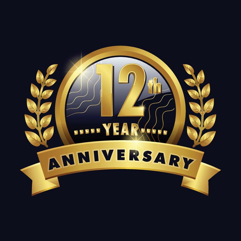 12th anniversary golden logo Twelfth Years Badge with number twelve ribbon, laurel wreath vector design