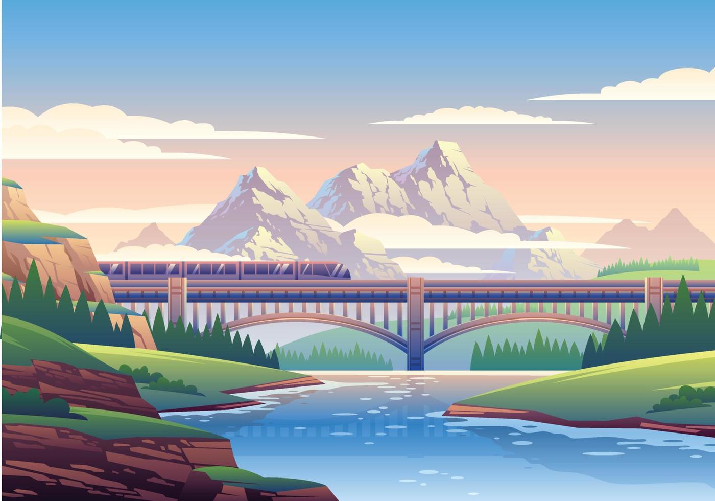 ilustración de paisaje de puente y montañas vector
