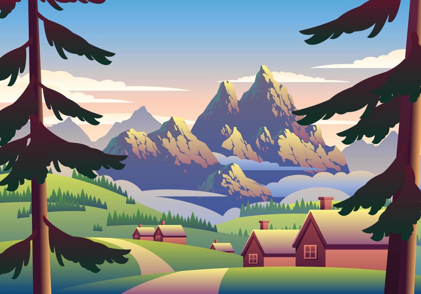 hermoso atardecer faro paisaje ilustración vector