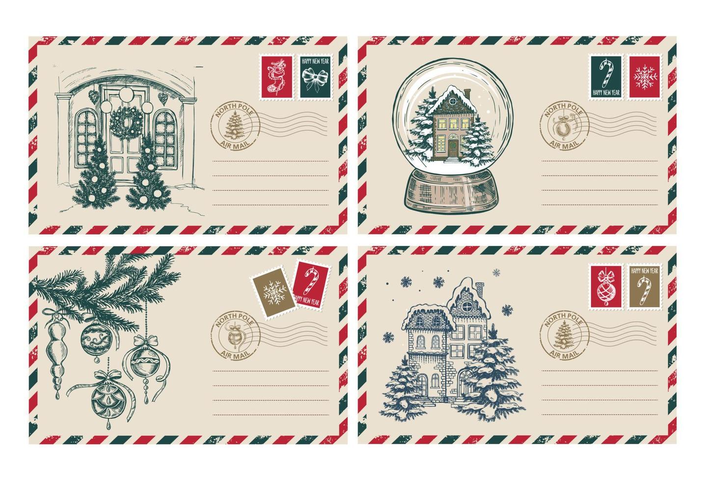 correo de navidad, postal, ilustración dibujada a mano. vector