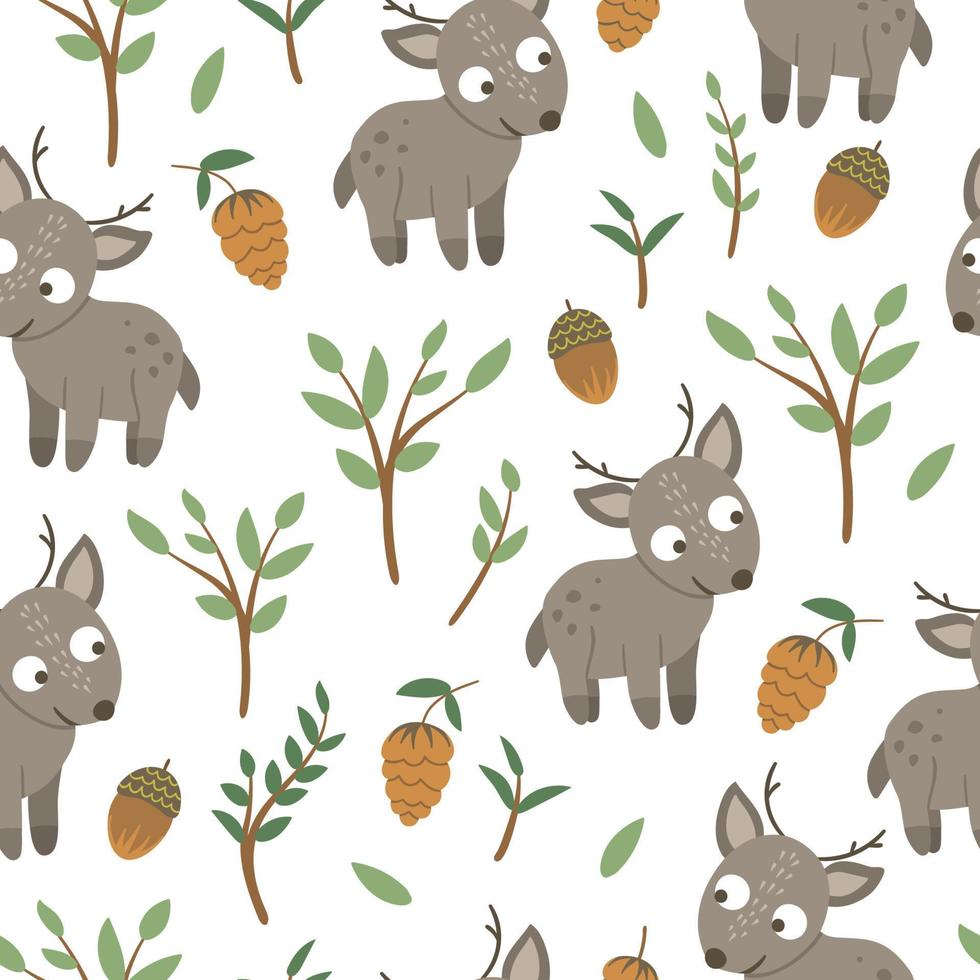 Vector seamless pattern of hand drawn flat funny baby deer with acorns, cones, mushrooms and twigs. Forest themed repeating background for children design. Cute animalistic backdrop