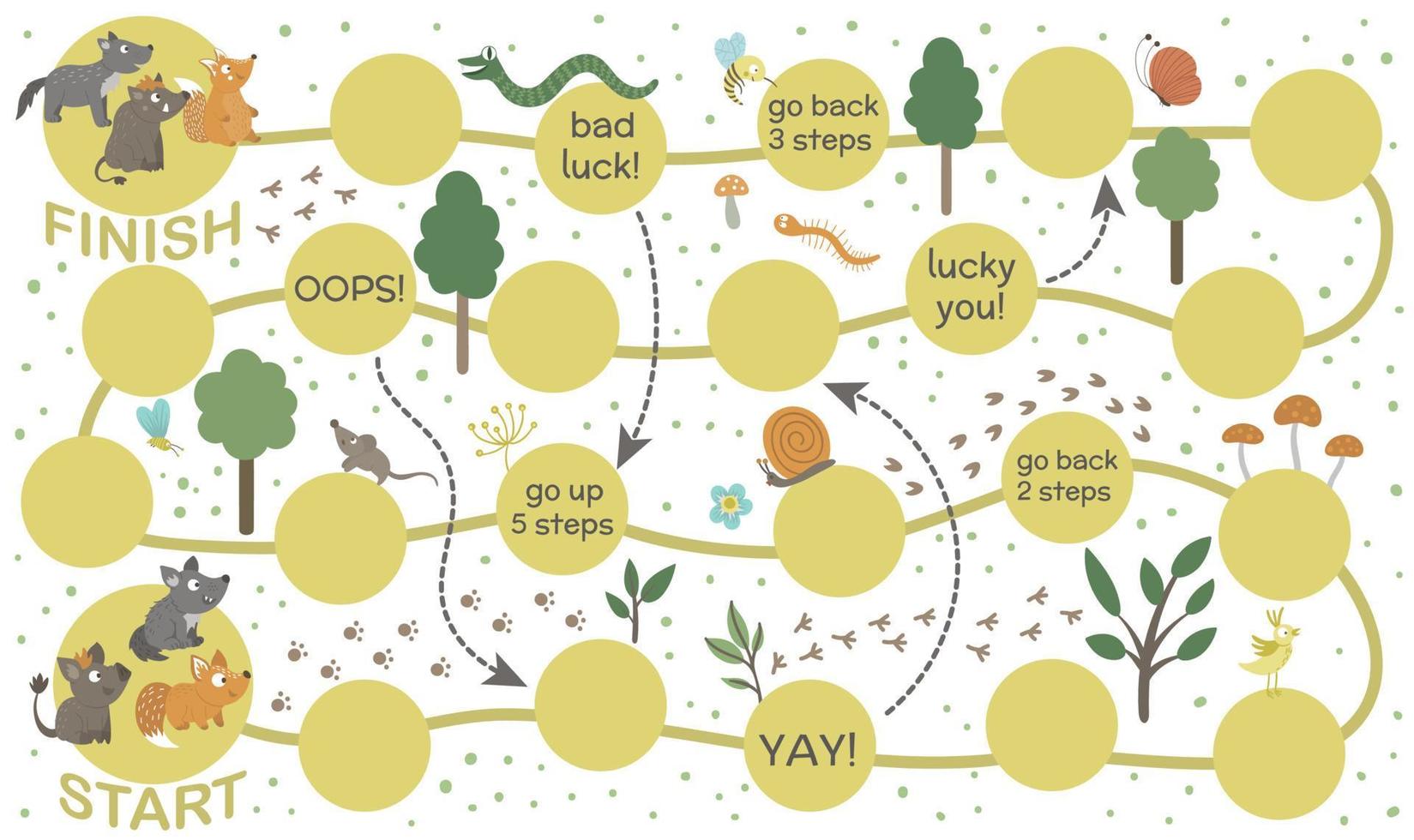 Forest adventure board game for children. Educational woodland boardgame. Puzzle with animals, birds, trees, insects. Help baby fox, wolf and boar get to their parents. vector