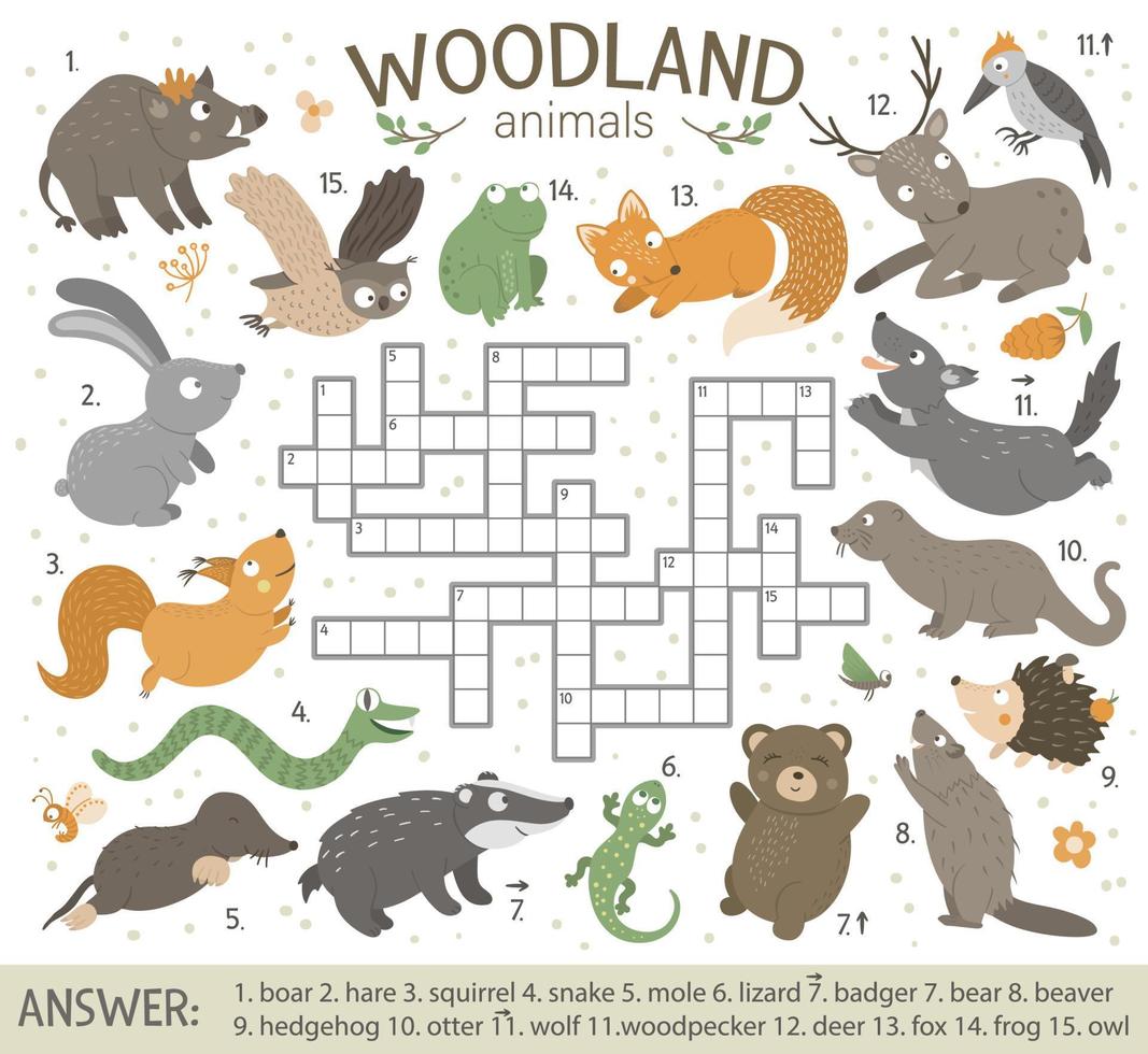 Vector crossword puzzle with forest animals. Bright and colorful quiz for children. Educational activity with fox, wolf, bear, squirrel, hare, deer.