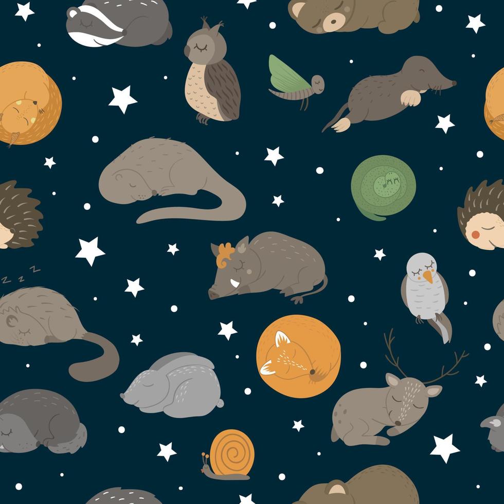 Vector seamless pattern with hand drawn flat funny sleeping animals on dark blue background with stars. Cute repeat texture with forest creatures. Sweet woodland ornament for children design, print.