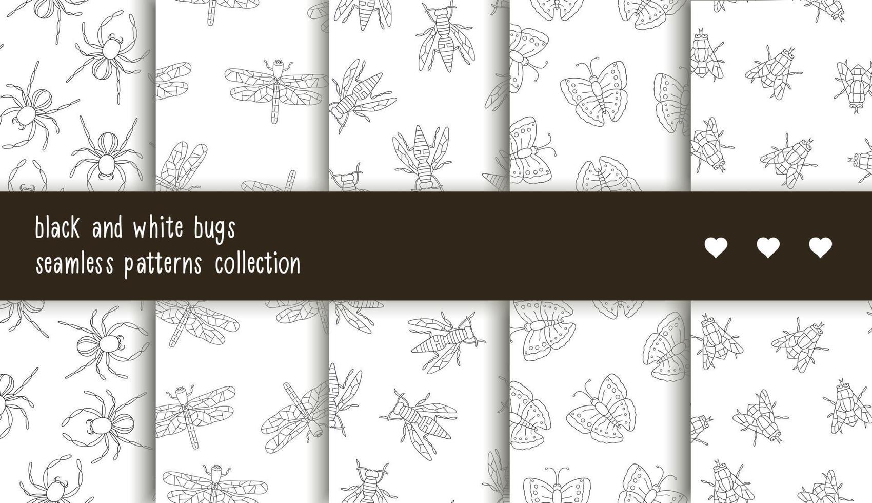 colección de patrones sin costura vectorial de insectos en blanco y negro. conjunto de fondos repetidos con araña monocromática aislada, libélula, mosca, mariposa, avispa. bueno para ropa para adolescentes, papelería vector