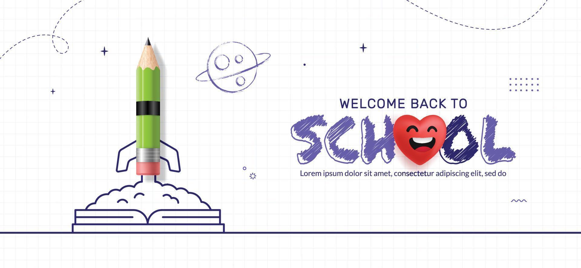 Back to School background with Pencil rocket launching from Notebook to space. Online learning and Web page template, Digital Education concept vector