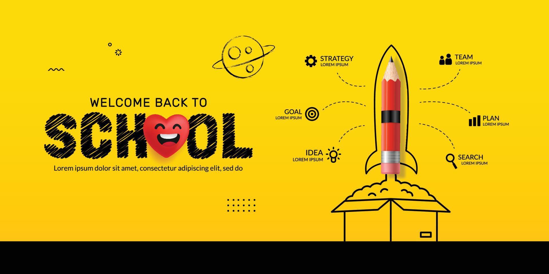 Pencil Rocket launching out from the box infographic, Back to School background, Think outside the box concept vector